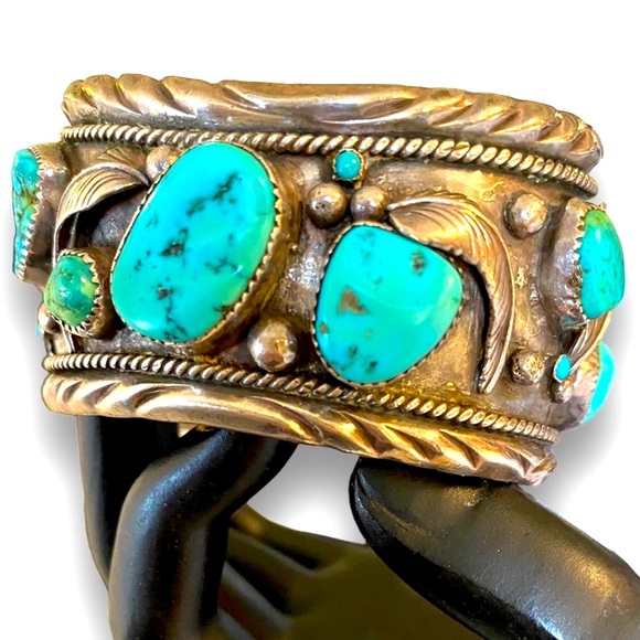Massive Vintage Navajo Sterling Silver & Turquoise Cuff Bracelet Signed DUTOM! - Picture 2 of 16